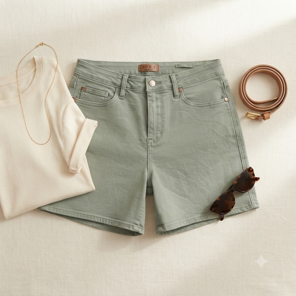 Judy Blue Green Shorts XL Stone Blue High Waist Garment Dyed JB150313 Casual